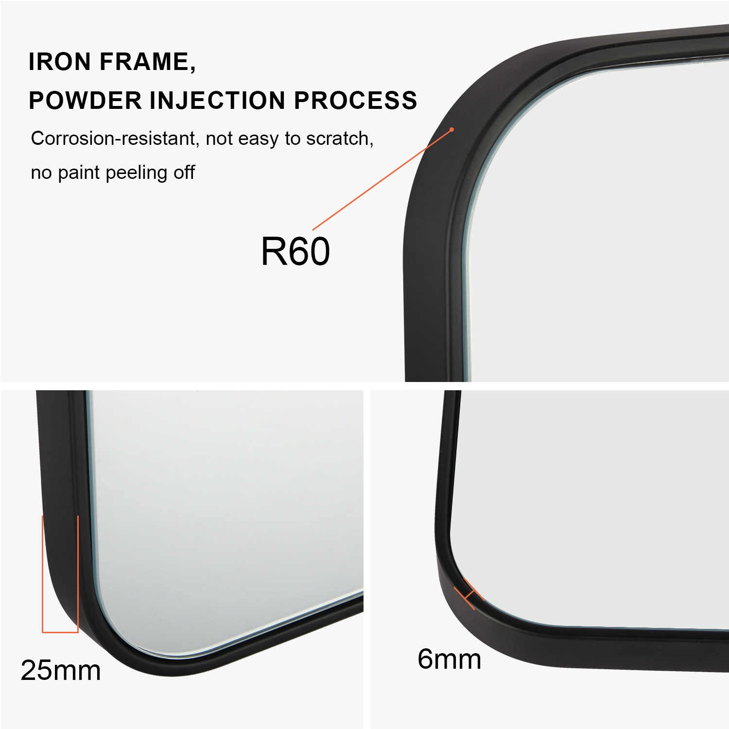 Rectangle Tubular Iron Frame Mid End Matte Black 4mm Aluminum Mirror